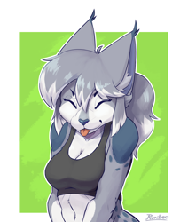 Size: 1444x1699 | Tagged: safe, artist:ruribec, oc, oc only, oc:kelly (ruribec), cat, feline, mammal, anthro, blep, blue fur, border, bust, clothes, eyes closed, female, fur, gray hair, hair, solo, solo female, sports bra, tongue, tongue out, topwear, white border