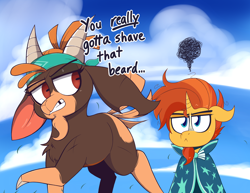 Size: 2648x2048 | Tagged: safe, artist:dragonpone, shanty (tfh), sunburst (mlp), bovid, caprine, equine, fictional species, goat, mammal, pony, unicorn, feral, friendship is magic, hasbro, my little pony, them's fightin' herds, bandanna, beard, chest fluff, clothes, cloud, cloven hooves, dialogue, duo, facial hair, female, floppy ears, fluff, gap teeth, goatee, grass, high res, hooves, horn, horns, hypocrisy, hypocritical humor, lidded eyes, looking back, male, raised hoof, robe, scar, simple background, sky, stallion, tail, talking, unamused, ungulate