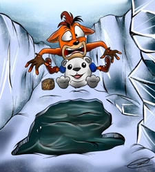 Size: 1024x1138 | Tagged: safe, artist:toonistfred, crash bandicoot (crash bandicoot), polar (crash bandicoot), bandicoot, bear, mammal, marsupial, polar bear, anthro, feral, crash bandicoot (series), crate, duo, duo male, ice, male, males only