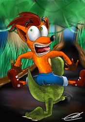 Size: 1024x1463 | Tagged: safe, artist:toonistfred, baby t (crash bandicoot), crash bandicoot (crash bandicoot), bandicoot, dinosaur, mammal, marsupial, theropod, tyrannosaurus rex, anthro, feral, crash bandicoot (series), duo, duo male, male, males only, riding