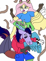 Size: 814x1080 | Tagged: safe, artist:alphyn adean, fluttershy (mlp), oc, oc:adean eris micheals, canine, draconequus, fictional species, fox, hybrid, mammal, anthro, humanoid, bna: brand new animal, friendship is magic, hasbro, my little pony, anthrofied, beast man, crossover, duo, female, rescue, rope, species swap, tail, vixen
