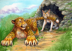 Size: 924x659 | Tagged: safe, artist:imanika, big cat, canine, feline, leopard, mammal, wolf, feral, amber eyes, biting, blue eyes, chest fluff, claw marks, claws, dragging, duo, fluff, holding, mouth hold, outdoors, tail, tail bite, traditional art