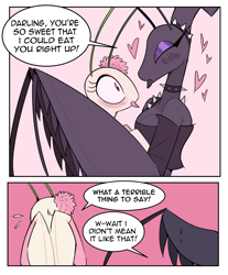 Size: 3851x4660 | Tagged: safe, artist:idolomantises, praying mantis, semi-anthro, abstract background, absurd resolution, antennae, black body, blushing, comic, covering face, duo, english text, eyeshadow, female, female/female, females only, heart, makeup, pink background, simple background, speech bubble, sweat, tears, text, white body, white border