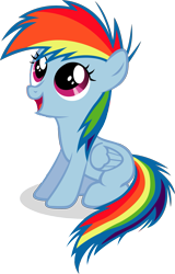 Size: 1421x2214 | Tagged: safe, artist:capt-nemo, rainbow dash (mlp), equine, fictional species, mammal, pegasus, pony, feral, friendship is magic, hasbro, my little pony, feathered wings, feathers, female, filly, foal, folded wings, happy, looking up, on model, open mouth, simple background, sitting, solo, solo female, tail, transparent background, wings, young
