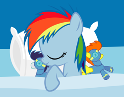 Size: 1976x1560 | Tagged: safe, artist:capt-nemo, rainbow dash (mlp), equine, fictional species, mammal, pegasus, pony, feral, friendship is magic, hasbro, my little pony, blanket, cute, eyes closed, female, filly, foal, on model, pillow, plushie, sleeping, smiling, solo, solo female, young