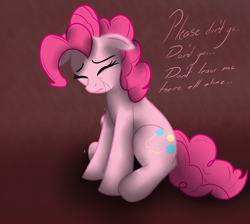 Size: 1024x916 | Tagged: safe, artist:sonicrainboom93, pinkie pie (mlp), earth pony, equine, fictional species, mammal, pony, feral, friendship is magic, hasbro, my little pony, crying, dialogue, eyes closed, female, frowning, hair, mane, mare, pink hair, pink mane, sad, solo, solo female, tail, talking