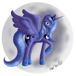 Size: 892x896 | Tagged: safe, artist:itsuko103, princess luna (mlp), alicorn, equine, fictional species, mammal, pony, feral, friendship is magic, hasbro, my little pony, clothes, crown, feathered wings, feathers, female, horn, mare, one hoof raised, peytral, regalia, shoes, signature, solo, solo female, spread wings, tail, wings