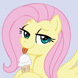 Size: 945x945 | Tagged: safe, artist:megasweet, fluttershy (mlp), equine, fictional species, mammal, pegasus, pony, feral, friendship is magic, hasbro, my little pony, feathered wings, feathers, female, food, hair, ice cream, ice cream cone, licking, mane, mare, pink hair, pink mane, simple background, solo, solo female, spread wings, tail, tongue, tongue out, wings
