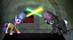 Size: 900x500 | Tagged: safe, artist:willdrawforfood1, trixie (mlp), twilight sparkle (mlp), equine, fictional species, mammal, pony, unicorn, feral, friendship is magic, hasbro, my little pony, duo, duo female, female, glowing, glowing horn, horn, mare, spaceballs, sword, tail, telekinesis