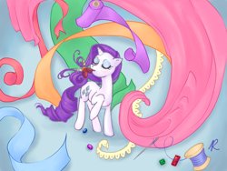 Size: 1024x768 | Tagged: safe, artist:snip-veritas, rarity (mlp), equine, fictional species, mammal, pony, unicorn, feral, friendship is magic, hasbro, my little pony, cloth, eyes closed, female, gem, horn, mare, needle, scissors, solo, solo female, tail