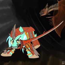 Size: 1000x1000 | Tagged: safe, artist:cheshiresdesires, lyra heartstrings (mlp), dragon, equine, fictional species, mammal, monster, pony, rathalos, reptile, unicorn, wyvern, feral, friendship is magic, hasbro, monster hunter, my little pony, armor, crossover, female, holding, horn, mare, mouth hold, solo, solo female, sword, tail, weapon