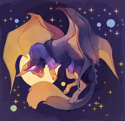Size: 1030x1000 | Tagged: safe, artist:sony_shock, oc, oc only, dragon, fictional species, furred dragon, feral, glowing, glowing eyes, solo, space, stars, tail, wings