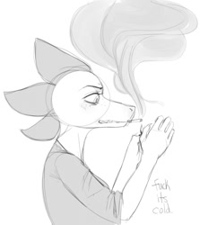 Size: 1140x1280 | Tagged: safe, artist:huwon, bea santello (nitw), crocodile, crocodilian, reptile, anthro, night in the woods, 2020, black and white, bust, cigarette, clothes, dialogue, english text, female, freckles, grayscale, monochrome, sharp teeth, side view, smoking, solo, solo female, swearing, t-shirt, talking, teeth, text, topwear, vulgar