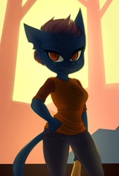 Size: 867x1280 | Tagged: safe, artist:huwon, mae borowski (nitw), cat, feline, mammal, anthro, night in the woods, 2019, baseball bat, blue fur, bottomwear, breasts, clothes, female, fur, hand on hip, looking at you, pants, red eyes, small breasts, solo, solo female, t-shirt, tail, topwear, whiskers, woods, yellow sclera