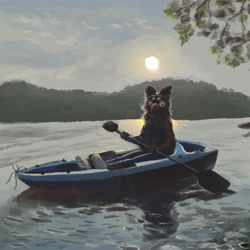 Size: 2274x2275 | Tagged: species needed, safe, artist:pony straponi, oc, oc only, anthro, female, fursuit, high res, kayak, kayaking, lake, redraw, solo, solo female, water