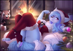 Size: 1280x894 | Tagged: suggestive, artist:teranen, oc, oc only, oc:fieana, canine, fox, mammal, anthro, digitigrade anthro, blue hair, breasts, christmas, christmas gift, christmas tree, clothes, conifer tree, corset, female, fireplace, hair, hat, holiday, holly, looking at you, panties, paw pads, paws, plushie, purple eyes, santa hat, smiling, solo, solo female, tail, tree, underpaw, underwear, watermark