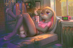 Size: 1100x733 | Tagged: safe, artist:miles-df, judy hopps (zootopia), lagomorph, mammal, rabbit, anthro, disney, zootopia, 2017, bed, bored, breasts, cell phone, clothes, coffee, digital art, female, indoors, ipod, lying down, lying on bed, on back, on bed, panties, phone, pillow, purple eyes, radio, scenery, scenery porn, shirt, smartphone, solo, solo female, tail, technical advanced, topwear, underwear