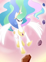 Size: 1800x2400 | Tagged: dead source, safe, artist:givenheart, princess celestia (mlp), alicorn, equine, fictional species, mammal, pony, feral, friendship is magic, hasbro, my little pony, angry, clothes, crown, crying, elements of harmony, ethereal mane, feathered wings, feathers, female, flying, high res, horn, magical artifact, mare, peytral, regalia, scene interpretation, shoes, solo, solo female, spread wings, tail, wings
