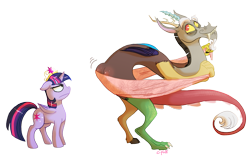 Size: 1201x765 | Tagged: safe, artist:c-puff, discord (mlp), twilight sparkle (mlp), alicorn, draconequus, equine, fictional species, mammal, pony, feral, semi-anthro, friendship is magic, hasbro, my little pony, annoyed, butt, crown, derp, duo, duo male and female, fangs, feathered wings, feathers, female, folded wings, horn, horns, male, mare, signature, simple background, tail, teeth, transparent background, wings