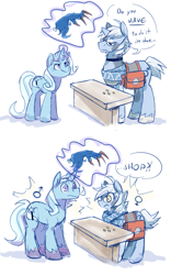 Size: 641x1024 | Tagged: dead source, safe, artist:modern-warmare, rinnosuke morichika (touhou), trixie (mlp), equine, fictional species, mammal, pony, unicorn, feral, friendship is magic, hasbro, my little pony, touhou, claws, crossover, duo, female, feralized, furrified, horn, magic, male, mare, ponified, rule 63, shop keeper, stallion, transformation, transgender transformation, tristan (mlp)