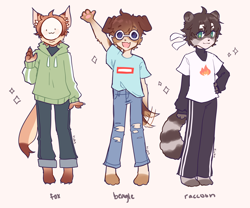 Size: 2048x1706 | Tagged: safe, artist:tickyume, beagle, canine, dog, fox, mammal, procyonid, raccoon, anthro, digitigrade anthro, plantigrade anthro, bna: brand new animal, dream (youtuber), minecraft, sapnap (youtuber), youtube, :3, anthrofied, bandanna, black hair, bottomwear, brown fur, brown hair, claws, clothes, cream body, cream fur, crossover, cute, dogified, dream team, english text, fangs, foxified, front view, fur, furrified, georgenotfound, glasses, gray fur, green eyes, group, hair, hand on hip, headband, hoodie, jeans, looking at you, male, males only, mask, open mouth, open smile, orange fur, orange hair, pants, paw pads, paws, raccoonified, ripped jeans, sharp teeth, shirt, simple background, smiling, sparkles, species swap, sunglasses, sweater, tail, tail wag, teeth, text, three-quarter view, topwear, trio, trio male, turtleneck, waving, white background, white pupils