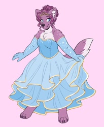 Size: 1500x1833 | Tagged: safe, artist:soft__dogs, canine, mammal, wolf, anthro, clothes, dress, female, solo, solo female, tail