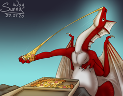 Size: 1276x1000 | Tagged: safe, artist:sunny way, dragon, fictional species, western dragon, feral, artwork, cheese, cheezy, cute, digital art, food, funny, male, patreon reward, paws, pizza, sketch, solo, solo male, wings