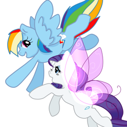Size: 1000x1000 | Tagged: safe, artist:aruva-chan, rainbow dash (mlp), rarity (mlp), equine, fictional species, mammal, pegasus, pony, unicorn, feral, friendship is magic, hasbro, my little pony, artificial wings, duo, duo female, feathered wings, feathers, female, female/female, flying, horn, mare, raridash (mlp), shipping, simple background, spread wings, tail, white background, wings