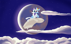 Size: 1920x1200 | Tagged: safe, artist:fxcellent, rainbow dash (mlp), rarity (mlp), equine, fictional species, mammal, pegasus, pony, unicorn, feral, friendship is magic, hasbro, my little pony, 8:5, cloud, crescent moon, doll, duo, duo female, feathered wings, feathers, female, female/female, flying, folded wings, horn, mare, mattress, moon, raridash (mlp), shipping, tail, wings