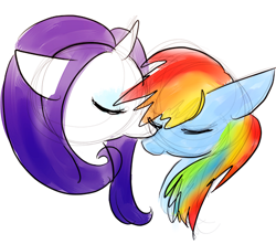 Size: 500x442 | Tagged: safe, artist:flameshe, rainbow dash (mlp), rarity (mlp), equine, fictional species, mammal, pegasus, pony, unicorn, feral, friendship is magic, hasbro, my little pony, duo, duo female, eyes closed, eyeshadow, female, female/female, feral/feral, happy, horn, low res, makeup, mare, nuzzling, raridash (mlp), shipping, smiling