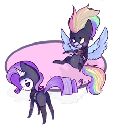 Size: 2480x2807 | Tagged: dead source, safe, artist:sutexii, batman (batman), catwoman (dc), rainbow dash (mlp), rarity (mlp), equine, fictional species, mammal, pegasus, pony, unicorn, feral, batman (series), dc comics, friendship is magic, hasbro, my little pony, batmare, blushing, commission, cosplay, crossover, duo, duo female, feathered wings, feathers, female, female/female, high res, horn, mare, raridash (mlp), shipping, spread wings, tail, wings