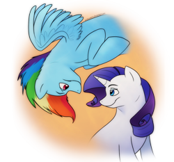 Size: 926x863 | Tagged: safe, artist:arcticwaters, rainbow dash (mlp), rarity (mlp), equine, fictional species, mammal, pegasus, pony, unicorn, feral, friendship is magic, hasbro, my little pony, duo, duo female, feathered wings, feathers, female, female/female, horn, looking at each other, mare, raridash (mlp), shipping, smiling, tail, upside down, wings