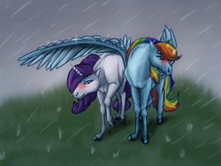 Size: 640x480 | Tagged: safe, artist:aira90, rainbow dash (mlp), rarity (mlp), equine, fictional species, horse, mammal, pegasus, pony, unicorn, feral, friendship is magic, hasbro, my little pony, blushing, covering, duo, duo female, eyeshadow, feathered wings, feathers, female, female/female, horn, makeup, mare, rain, raridash (mlp), shipping, spread wings, tail, wings