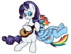 Size: 1031x779 | Tagged: safe, artist:zeldacourage, rainbow dash (mlp), rarity (mlp), equine, fictional species, mammal, pegasus, pony, unicorn, feral, friendship is magic, hasbro, my little pony, acoustic guitar, duo, duo female, eyeshadow, feathered wings, feathers, female, female/female, folded wings, guitar, horn, makeup, mare, musical instrument, raridash (mlp), shipping, simple background, sleeping, tail, transparent background, wings
