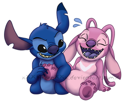 Size: 586x476 | Tagged: safe, artist:damizan, angel (lilo & stitch), stitch (lilo & stitch), alien, experiment (lilo & stitch), fictional species, semi-anthro, disney, lilo & stitch, 4 toes, antennae, black eyes, blue fur, blue nose, chest fluff, chest marking, colored tongue, cute, duo, ears, ears down, eyelashes, eyes closed, female, fluff, fur, head fluff, laughing, male, open mouth, open smile, paw pads, paws, pink fur, purple mouth, purple nose, purple paw pads, purple tongue, simple background, smiling, tickling, tongue, torn ear, transparent background, url, watermark