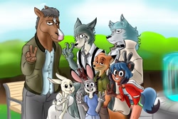Size: 1800x1200 | Tagged: safe, artist:patanu12, bojack horseman (bojack horseman), haru (beastars), judy hopps (zootopia), legoshi (beastars), michiru kagemori (bna), nick wilde (zootopia), shirou ogami (bna), canine, equine, fox, horse, lagomorph, mammal, rabbit, raccoon dog, wolf, anthro, beastars, bna: brand new animal, bojack horseman, disney, zootopia, black eyes, blep, blue fur, bottomwear, brown fur, clothes, collar, crossover, female, fountain, fur, gray fur, gray hair, grin, group, hair, hand, hand in pocket, leaning forward, looking at you, male, necktie, not amused face, open mouth, orange fur, outdoors, pants, paw pads, paws, raised hand, sharp teeth, shorts, shrit, size difference, smiling, suspenders, tail, tan fur, teeth, tongue out, water, white fur