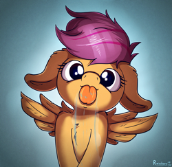 Size: 2549x2480 | Tagged: safe, artist:rainihorn, scootaloo (mlp), equine, fictional species, mammal, pegasus, pony, feral, friendship is magic, hasbro, my little pony, cute, female, filly, floppy ears, foal, high res, licking, licking screen, looking at you, saliva, solo, solo female, spread wings, tongue, tongue out, wings, young
