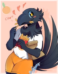 Size: 733x929 | Tagged: safe, artist:arijuno, oc, oc only, oc:hungry (ahungrycrow), bird, corvid, crow, songbird, anthro, 2020, abstract background, ambiguous gender, arm fluff, beak, black body, black eyes, black feathers, blue scales, blushing, caw, clothes, colored pupils, commission, digital art, eating, feathers, fluff, food, french fries, front view, hand hold, head fluff, holding, looking at you, neck fluff, onomatopoeia, scales, shirt, signature, solo, solo ambiguous, tail, tail feathers, text, three-quarter view, topwear, yellow pupils
