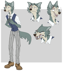 Size: 1280x1436 | Tagged: safe, artist:dracofelis-art, legoshi (beastars), canine, mammal, wolf, anthro, plantigrade anthro, beastars, angry, bared teeth, bottomwear, cheek fluff, claws, clothes, ears laid back, fluff, fur, gray fur, gritted teeth, lidded eyes, male, necktie, open mouth, pants, scar, sharp teeth, shirt, shoes, snarling, solo, solo male, teeth, tired, topwear, whiskers