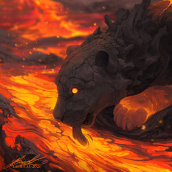 Size: 1300x1300 | Tagged: safe, artist:yacrical, big cat, elemental creature, feline, fictional species, golem, leopard, mammal, feral, 2020, ambiguous gender, digital art, digital painting, drinking, empty eyes, fire, glowing, lava, magma, no pupils, orange eyes, signature, solo, solo ambiguous, tongue, tongue out, whiskers