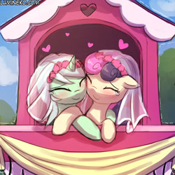 Size: 750x750 | Tagged: safe, artist:lumineko, bon bon (mlp), lyra heartstrings (mlp), earth pony, equine, fictional species, mammal, pony, unicorn, feral, friendship is magic, hasbro, my little pony, clothes, couple, cute, dress, duo, duo female, eyes closed, female, female/female, feral/feral, happy, horn, lyrabon (mlp), mare, marriage, married couple, shipping, smiling, wedding dress, wholesome, wives
