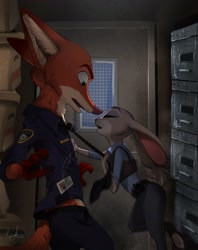 Size: 2152x2712 | Tagged: safe, artist:relaxableart, part of a set, judy hopps (zootopia), nick wilde (zootopia), canine, fox, lagomorph, mammal, rabbit, red fox, anthro, disney, zootopia, anthro/anthro, bottomwear, box, clothes, digital art, door, duo, ear fluff, explicit source, eyes closed, female, floppy ears, fluff, fur, gray fur, hand hold, hand on chest, hand on tie, high res, holding, indoors, interspecies, long ears, looking at someone, looking down, male, male/female, neck fluff, necktie, open mouth, orange fur, pants, paws, pink body, shipping, side view, signature, size difference, storage room, sweat, tan fur, uniform, wildehopps (zootopia)