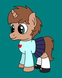 Size: 2000x2500 | Tagged: safe, artist:peternators, equine, fictional species, mammal, pony, unicorn, feral, friendship is magic, hasbro, my little pony, bottomwear, clothes, colt, crossdressing, foal, high res, horn, male, skirt, solo, solo male, sweater, topwear, young