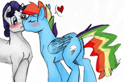 Size: 1775x1180 | Tagged: dead source, safe, artist:hoodoo, rainbow dash (mlp), rarity (mlp), equine, fictional species, mammal, pegasus, pony, unicorn, feral, friendship is magic, hasbro, my little pony, blushing, colored, duo, duo male, eyes closed, feathered wings, feathers, feral/feral, folded wings, heart, horn, kissing, male, male/male, males only, raridash (mlp), rule 63, shipping, simple background, stallion, tail, white background, wings