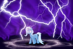 Size: 1200x800 | Tagged: safe, artist:tori99, trixie (mlp), equine, fictional species, mammal, pony, unicorn, feral, friendship is magic, hasbro, my little pony, female, glowing, glowing eyes, glowing horn, horn, lightning, mare, solo, solo female, tail
