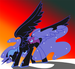 Size: 544x500 | Tagged: safe, artist:atticus83, nightmare moon (mlp), alicorn, equine, fictional species, mammal, pony, feral, cc by-nc-nd, creative commons, friendship is magic, hasbro, my little pony, ethereal mane, feathered wings, feathers, female, helmet, horn, mare, solo, solo female, spread wings, tail, wings