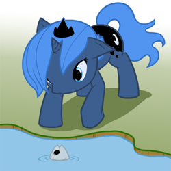 Size: 500x500 | Tagged: safe, artist:atticus83, princess luna (mlp), alicorn, equine, fictional species, fish, mammal, pony, feral, cc by-nc-nd, creative commons, friendship is magic, hasbro, my little pony, crown, cute, feathered wings, feathers, female, filly, foal, folded wings, horn, low res, mare, solo, solo female, tail, water, wings, young