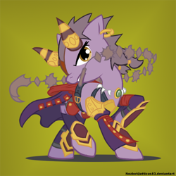 Size: 500x500 | Tagged: safe, artist:atticus83, equine, mammal, pony, feral, cc by-nc-nd, creative commons, friendship is magic, hasbro, my little pony, 1:1, cape, clothes, crossover, female, feralized, furrified, green background, low res, mare, ponified, simple background, solo, solo female, tail, warmachine