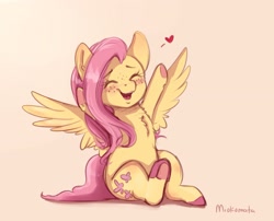 Size: 2855x2307 | Tagged: safe, artist:miokomata, fluttershy (mlp), equine, fictional species, mammal, pegasus, pony, feral, friendship is magic, hasbro, my little pony, 2020, 2d, blushing, chest fluff, colored hooves, cute, eyes closed, fangs, featured image, female, fluff, freckles, happy, heart, high res, hooves, mare, open mouth, pink background, sharp teeth, signature, simple background, solo, solo female, tail, teeth