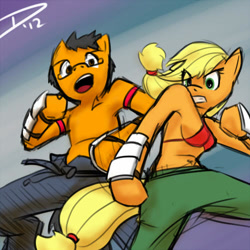 Size: 500x500 | Tagged: safe, artist:atticus83, applejack (mlp), oc, oc:nezbot, earth pony, equine, fictional species, mammal, pony, anthro, cc by-nc-nd, creative commons, friendship is magic, hasbro, my little pony, 1:1, anthrofied, bottomwear, bra, breasts, clothes, duo, female, fighting, green eyes, hair, hair band, low res, male, mare, pants, sideboob, signature, stallion, tail, tail band, underwear